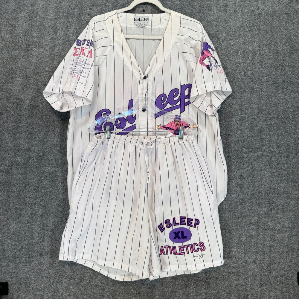 VIntage 90s Esleep Pajama Set Womens 1X White Pinstripe Baseball Jersey Shorts
